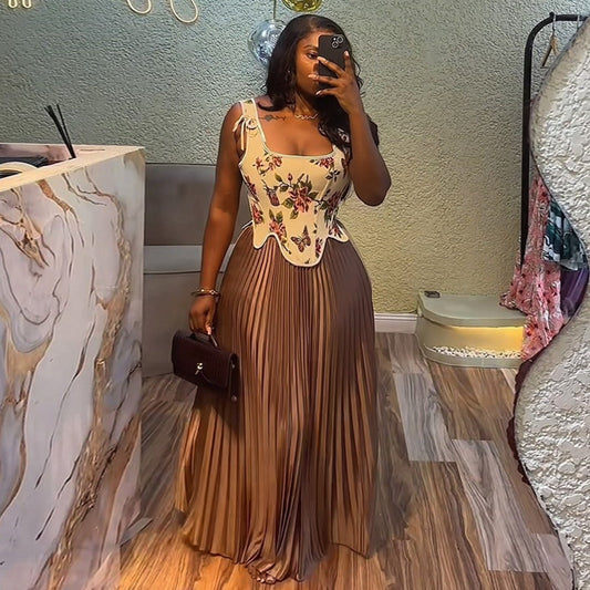 Robe longue plissée femme – Bustier floral corset chic et élégant, soirée & été