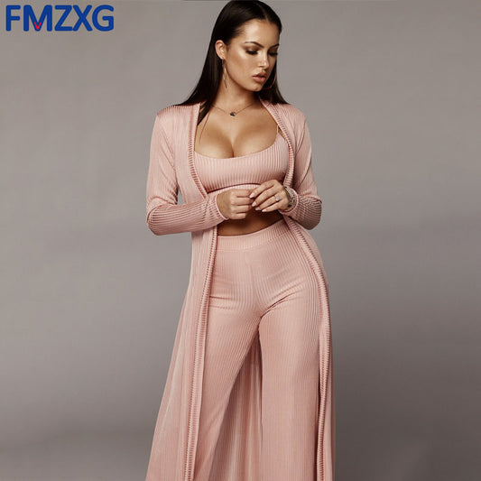 Ensemble 3 pièces chic femme – Longue veste + top + pantalon taille haute fluide