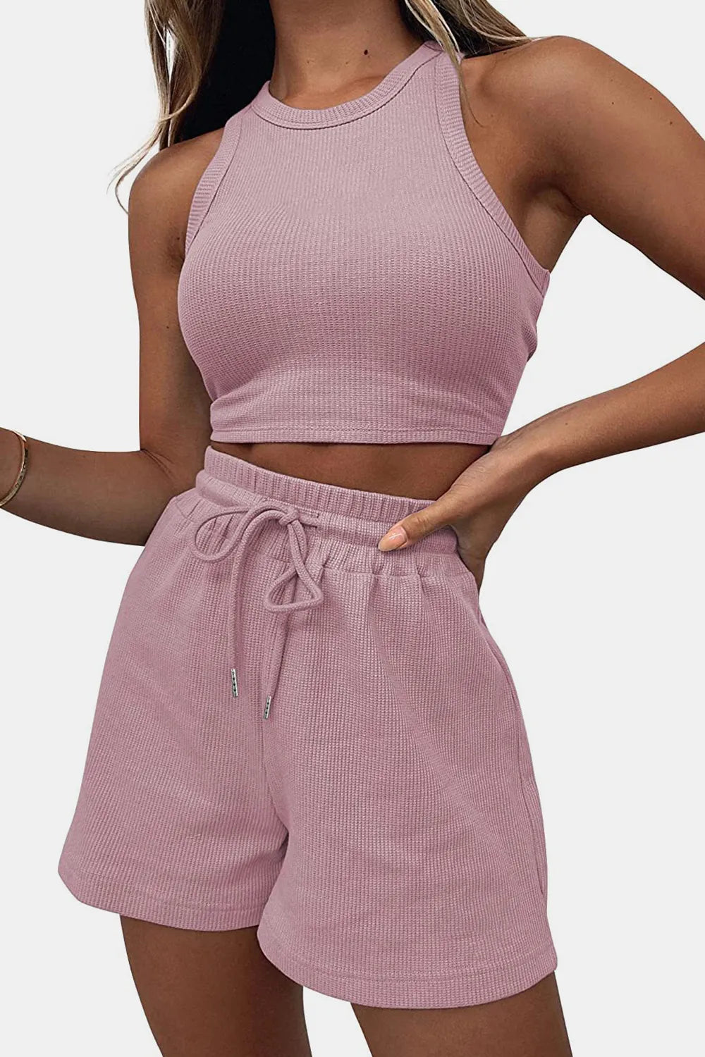 Ensemble 2 pièces côtelé vert – Crop top sport & short taille haute confort