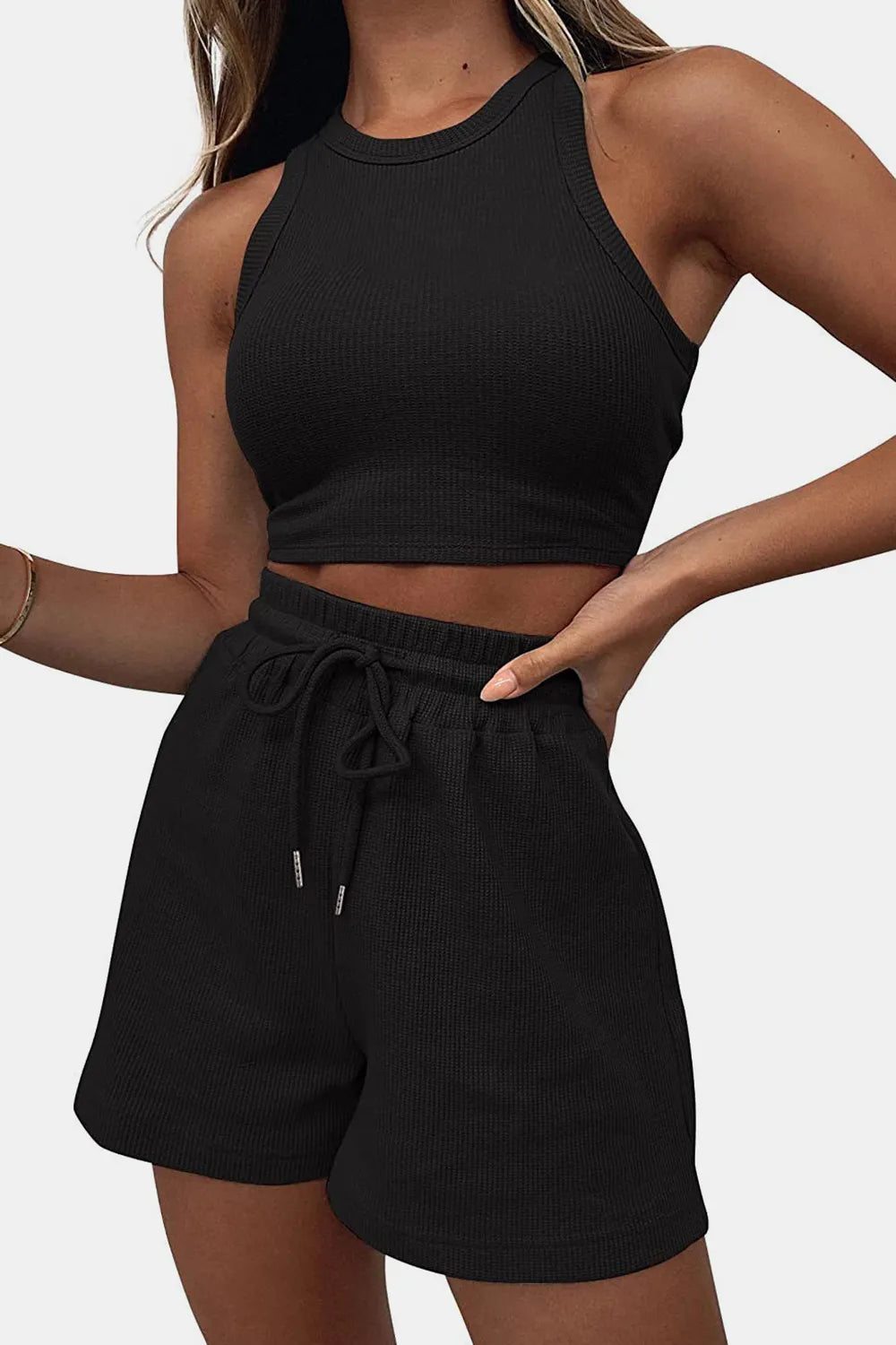 Ensemble 2 pièces côtelé vert – Crop top sport & short taille haute confort