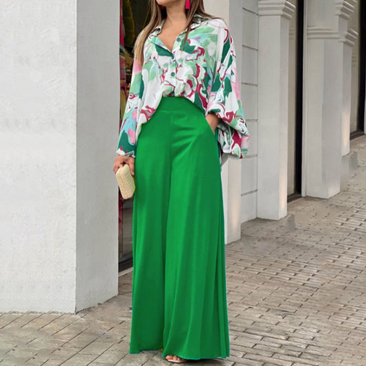 Ensemble Femme Élégant – Chemise Fluide Imprimée + Pantalon Large Haute Taille