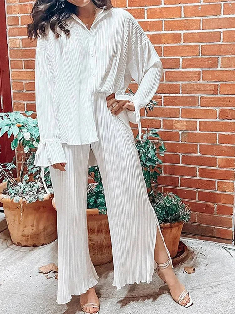 Ensemble plissé 2 pièces femme – Chemise + Pantalon fluide