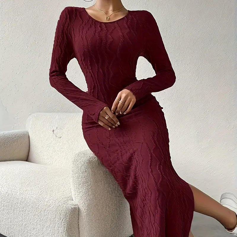Robe Femme Moulante Longue Manche Longue avec Fente – Élégante & Sexy | Tenue Soirée Automne-Hiver