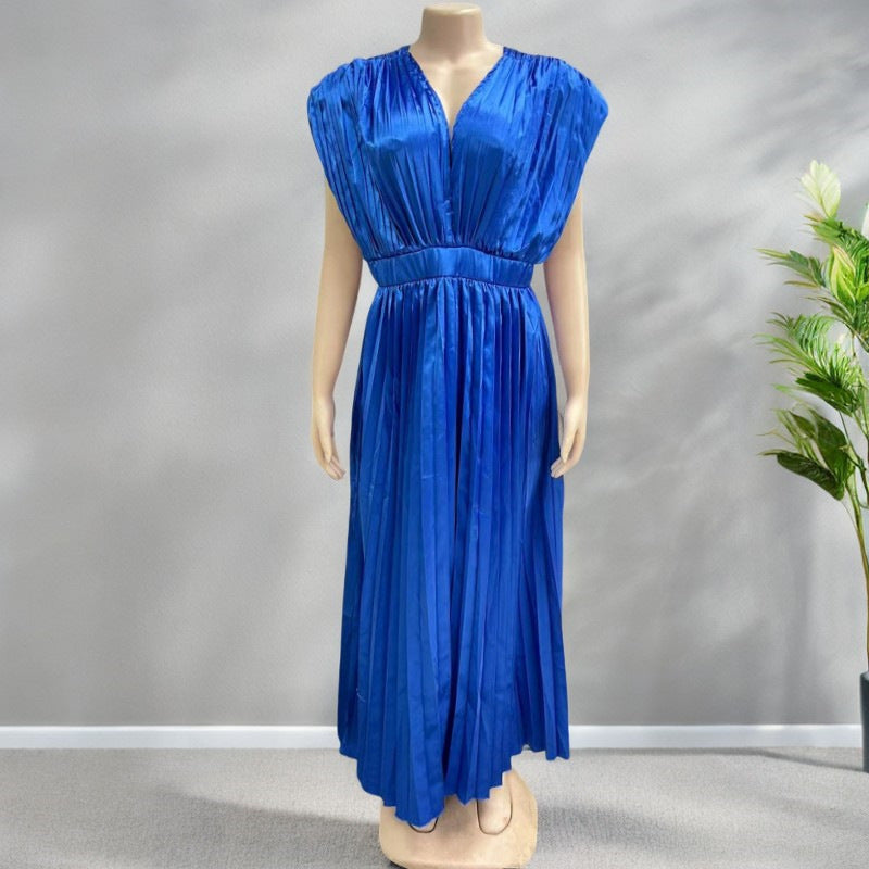 Robe Satinée Femme Évasée Plissée – Col V Profond Élégant – Robe Chic de Soirée