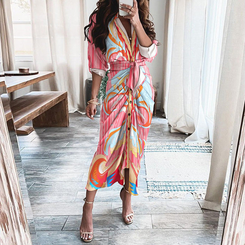 Robe Élégante Midi Boutonnée – Effet Portefeuille & Imprimés Stylés
