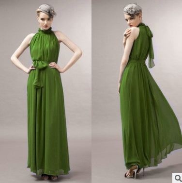 Robe Longue Bohème Chic – Mousseline fluide sans manches, col montant plissé, soirée et mariage