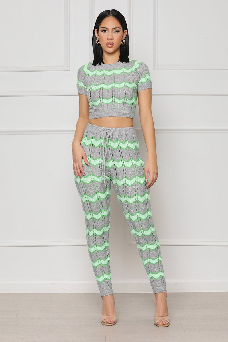 Ensemble Tricot Zigzag Femme – 2 Pièces Top Court + Pantalon Jogging