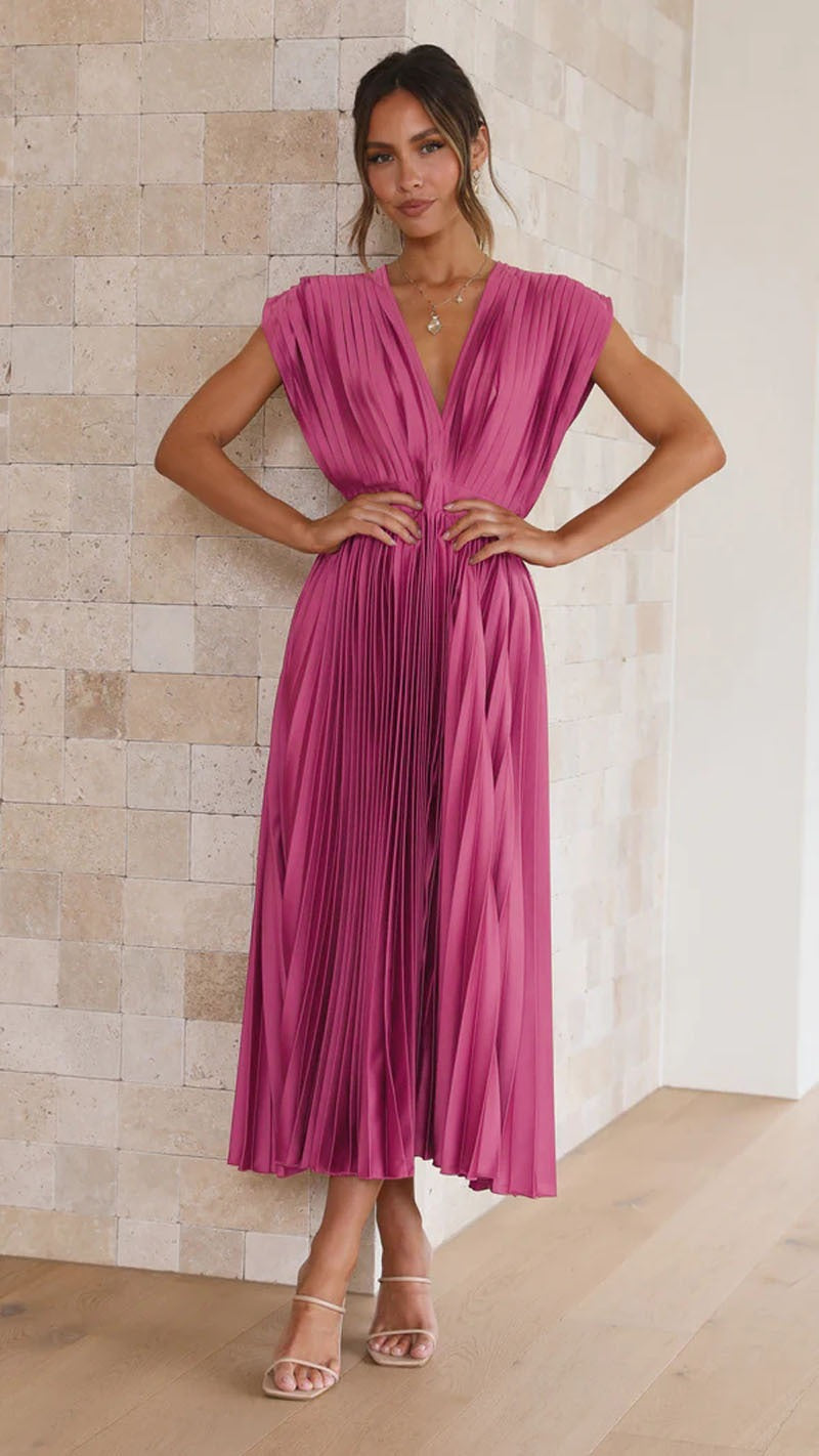 Robe Plissée Élégante avec Décolleté en V – Parfaite pour les Occasions Spéciales