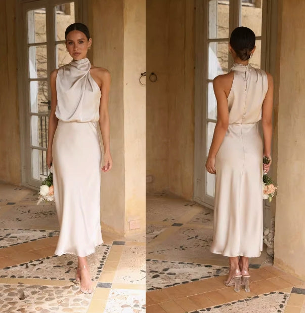 Robe Satin Élégance – Couleur Champagne Douce & Brillante