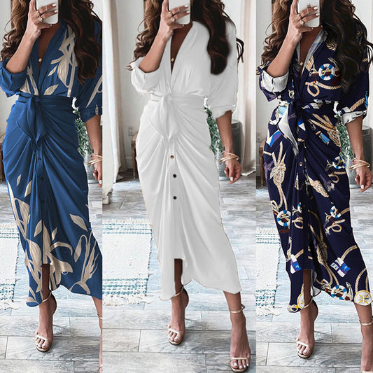 Robe Élégante Midi Boutonnée – Effet Portefeuille & Imprimés Stylés