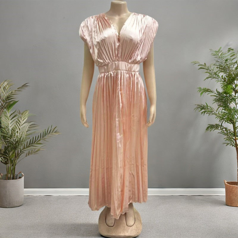 Robe Satinée Femme Évasée Plissée – Col V Profond Élégant – Robe Chic de Soirée