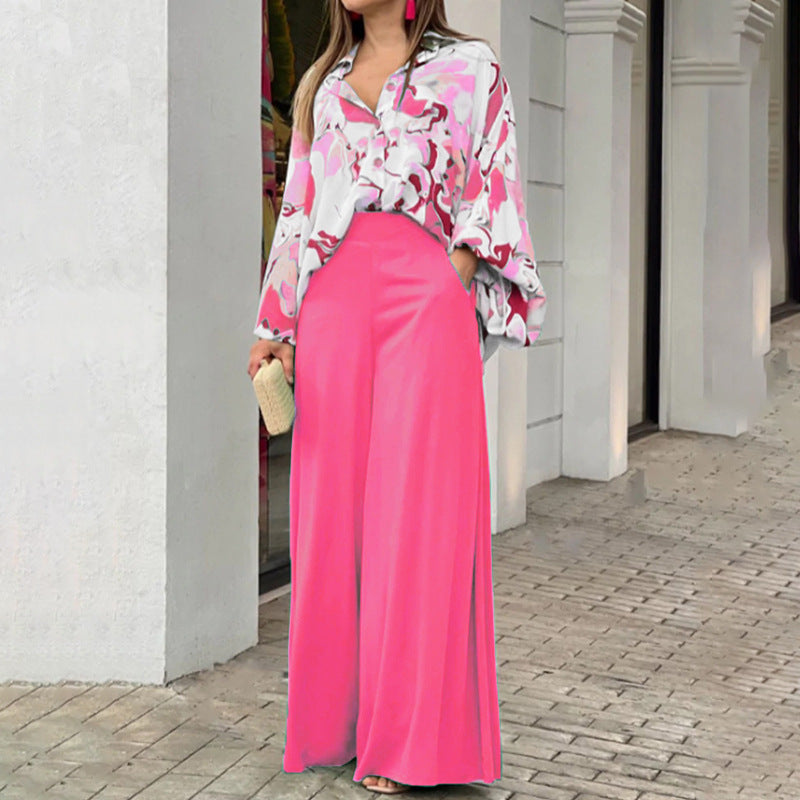 Ensemble Femme Élégant – Chemise Fluide Imprimée + Pantalon Large Haute Taille