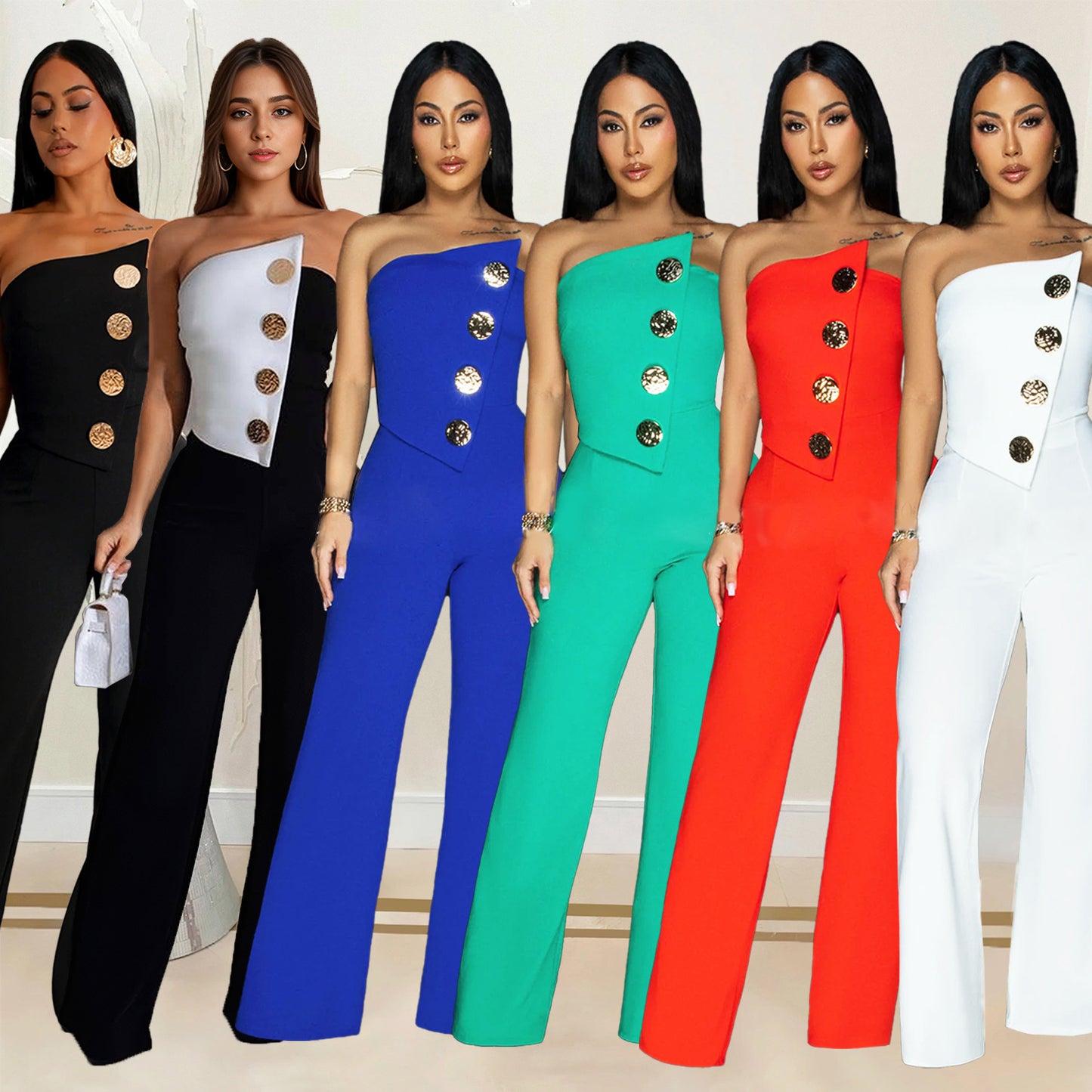 Combinaison Asymétrique Femme – Élégance Chic & Boutons Dorés
