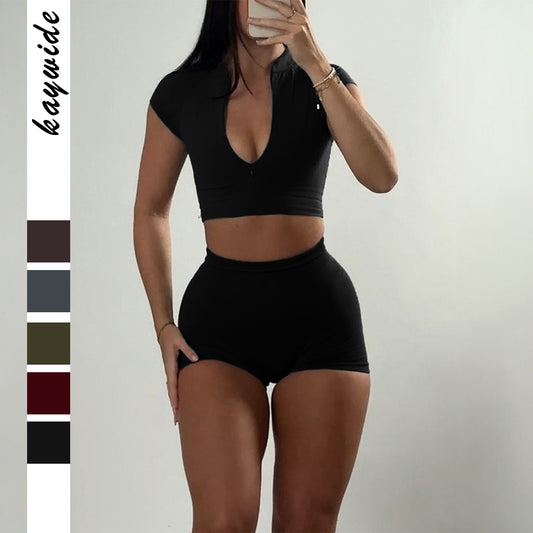 Ensemble 2 pièces Femme – Crop Top Zippé & Short Moulant | Look Sexy & Sporty