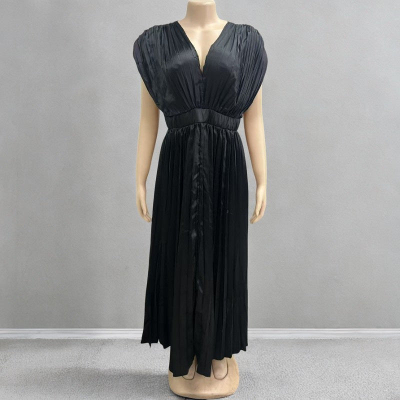 Robe Satinée Femme Évasée Plissée – Col V Profond Élégant – Robe Chic de Soirée