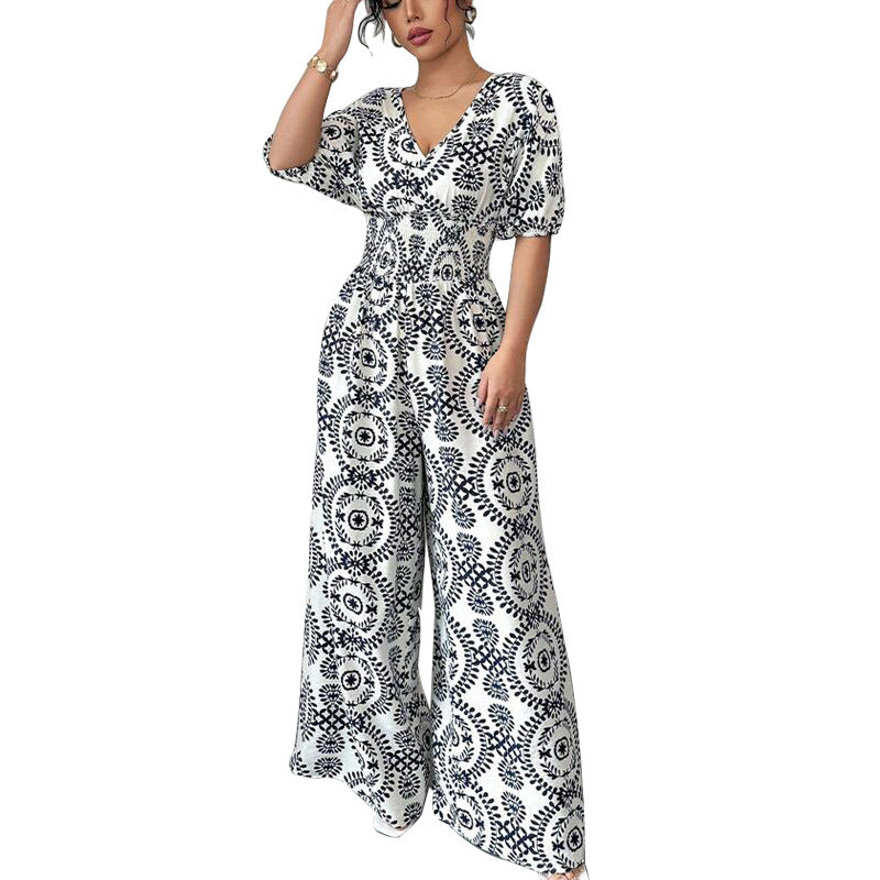 Combinaison Bohème Fluide – Taille Haute, Manches Courtes & Motif Mandala | Élégante & Confortable