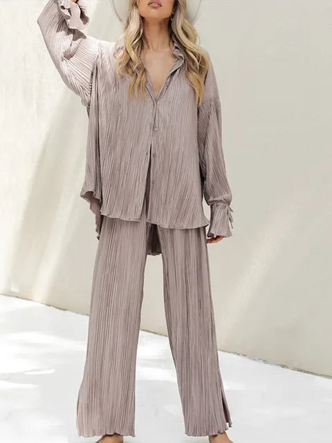 Ensemble plissé 2 pièces femme – Chemise + Pantalon fluide