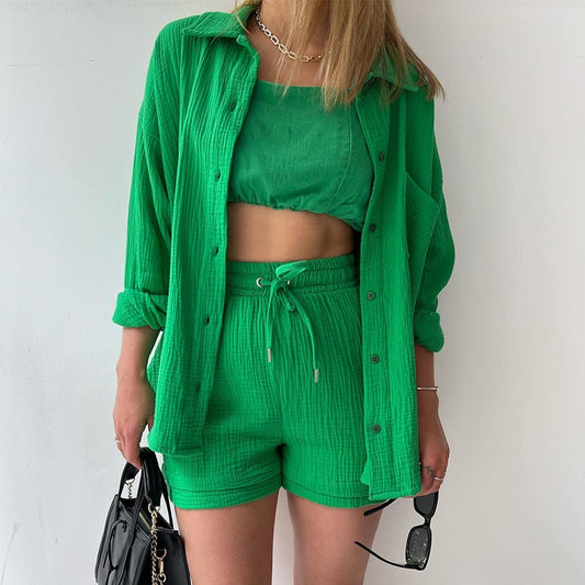 Ensemble Femme 3 Pièces Été – Crop Top + Short Taille Haute + Surchemise | Look Chill & Stylé