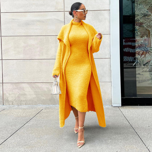 Ensemble femme robe pull + manteau long laine bouclée – Jaune soleil