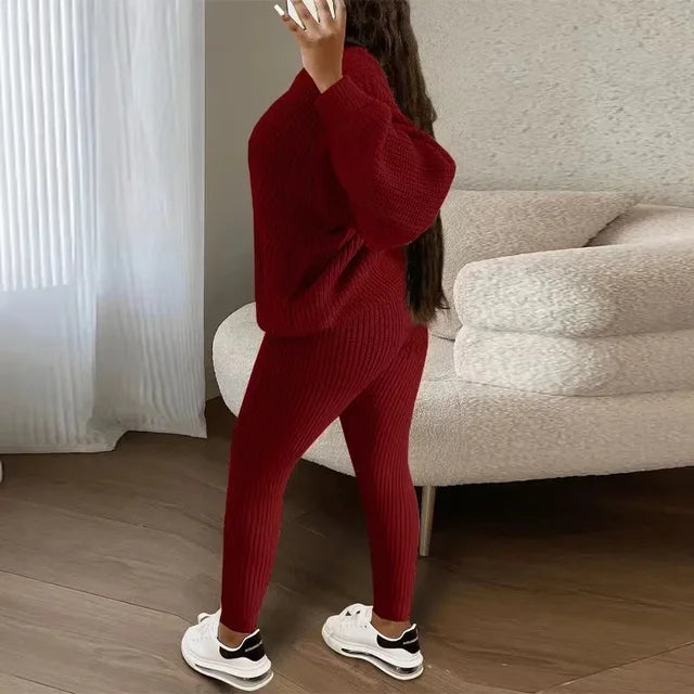 Winter Two Piece Sets Women Clothing Autumn Fashion Casual Solid Round Neck Pullover Loose Pit Knitted Sweater Pants Suits