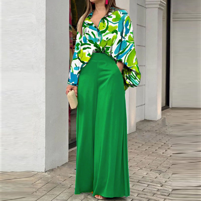 Ensemble Femme Élégant – Chemise Fluide Imprimée + Pantalon Large Haute Taille