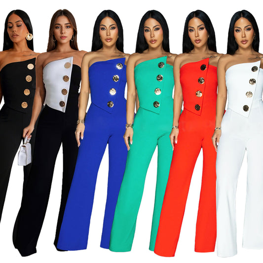 Combinaison Asymétrique Femme – Élégance Chic & Boutons Dorés