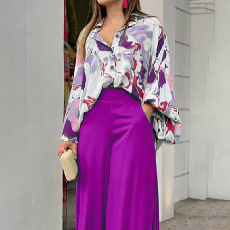Ensemble Femme Élégant – Chemise Fluide Imprimée + Pantalon Large Haute Taille