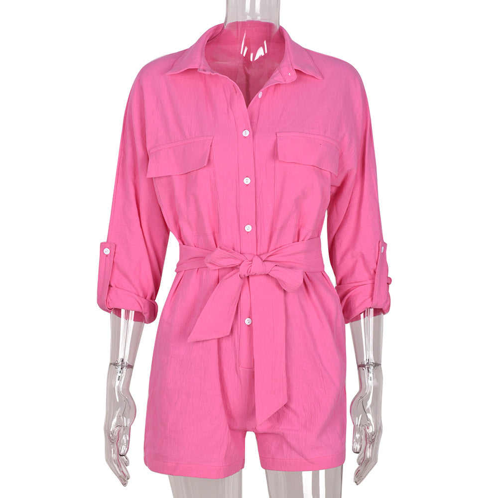 Combinaison Chemise Femme Été – Boutonnée, Ceinturée, Manches Courtes, Style Décontracté Chic