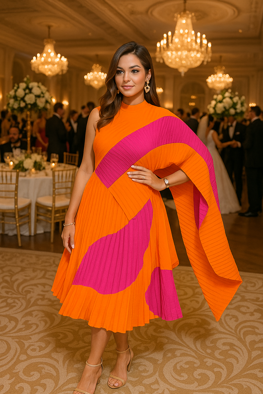 Robe plissée asymétrique orange & fuchsia – Design audacieux et élégant & Fuchsia royal