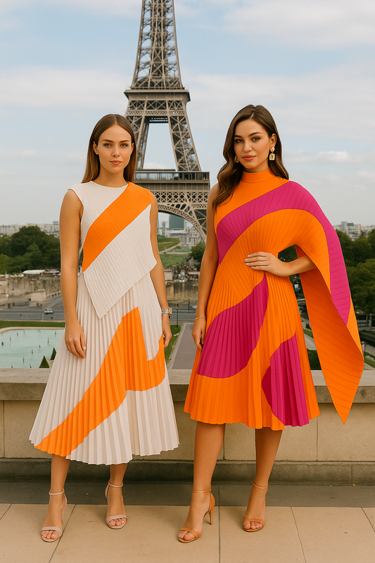 Robe plissée asymétrique orange & fuchsia – Design audacieux et élégant & Fuchsia royal
