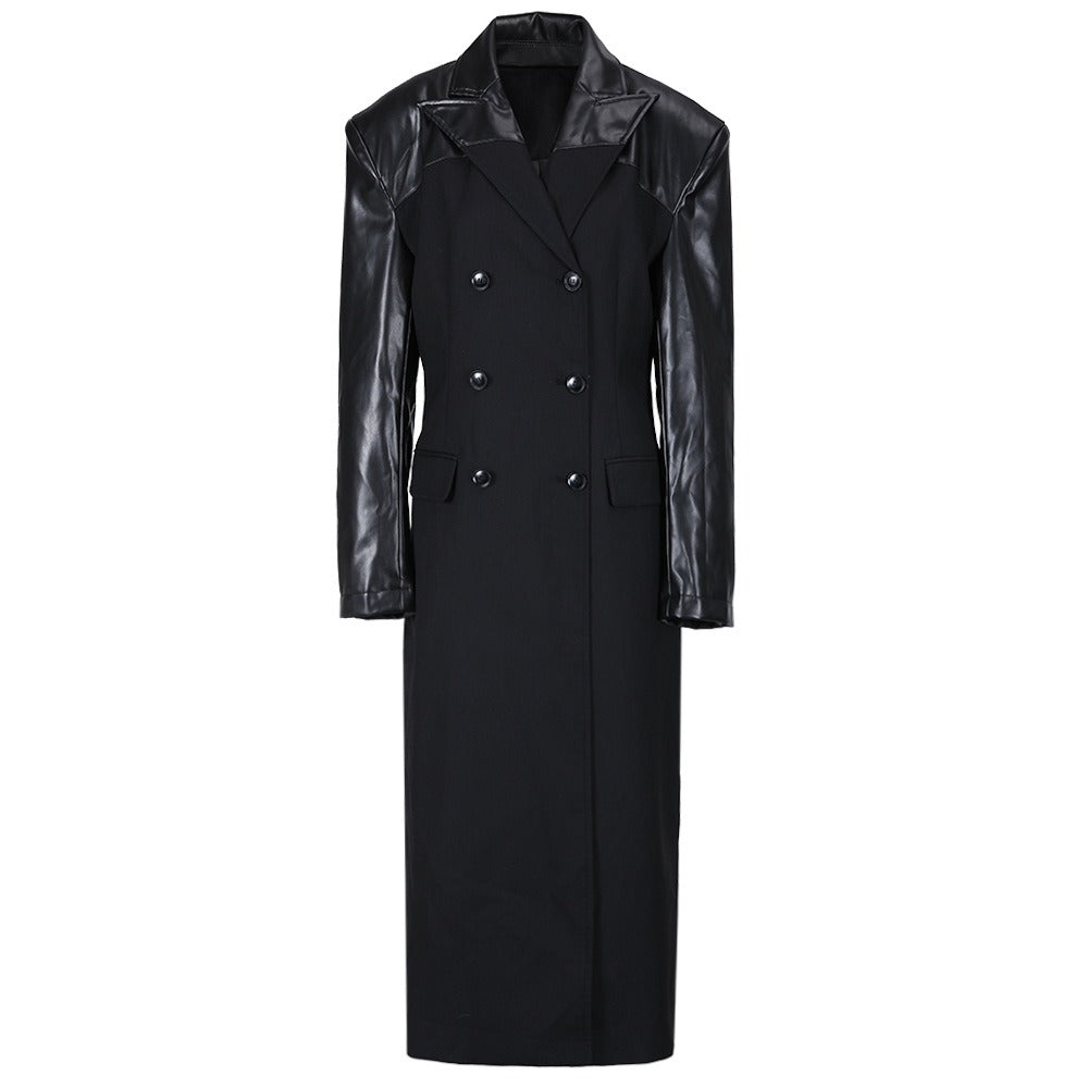 Manteau Long Femme Chic – Épaules et Manches en Similicuir Noir