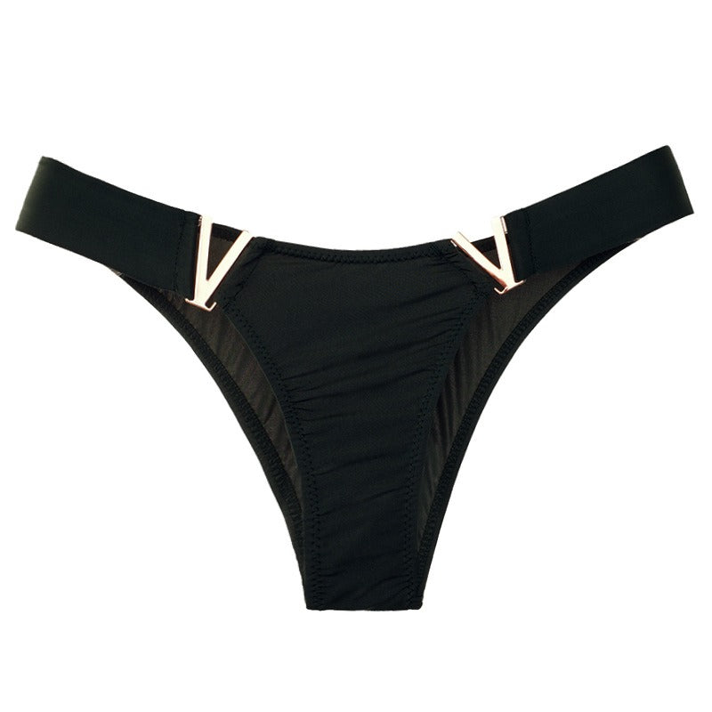 Lot de 3 strings femme – Coupe taille basse, empiècements dorés "V", couleurs variées