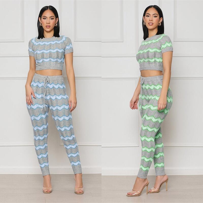 Ensemble Tricot Zigzag Femme – 2 Pièces Top Court + Pantalon Jogging