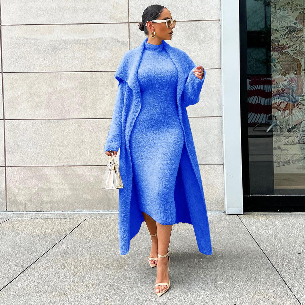 Ensemble femme robe pull + manteau long laine bouclée – Jaune soleil