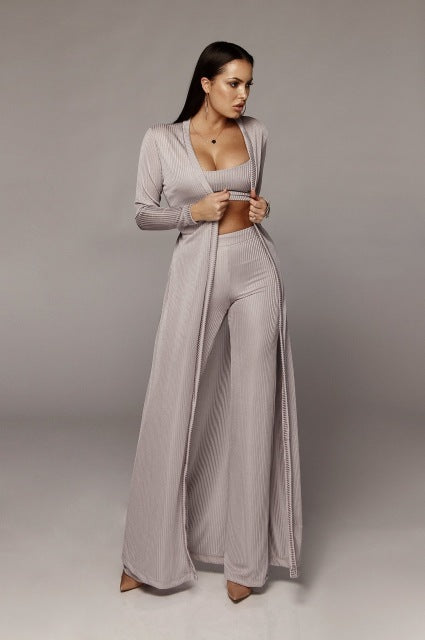 Ensemble 3 pièces chic femme – Longue veste + top + pantalon taille haute fluide