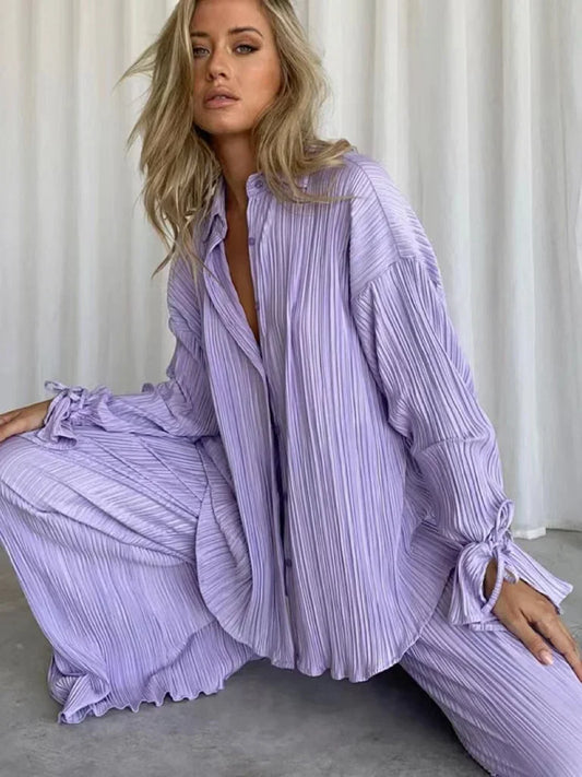 Ensemble plissé 2 pièces femme – Chemise + Pantalon fluide