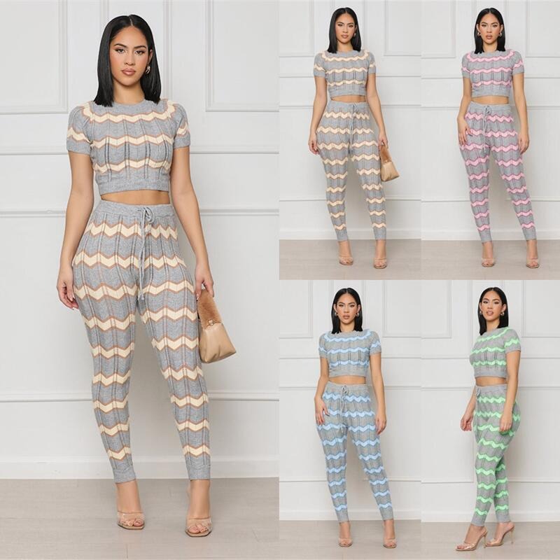 Ensemble Tricot Zigzag Femme – 2 Pièces Top Court + Pantalon Jogging