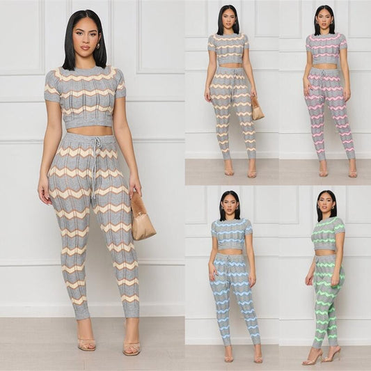 Ensemble Tricot Zigzag Femme – 2 Pièces Top Court + Pantalon Jogging