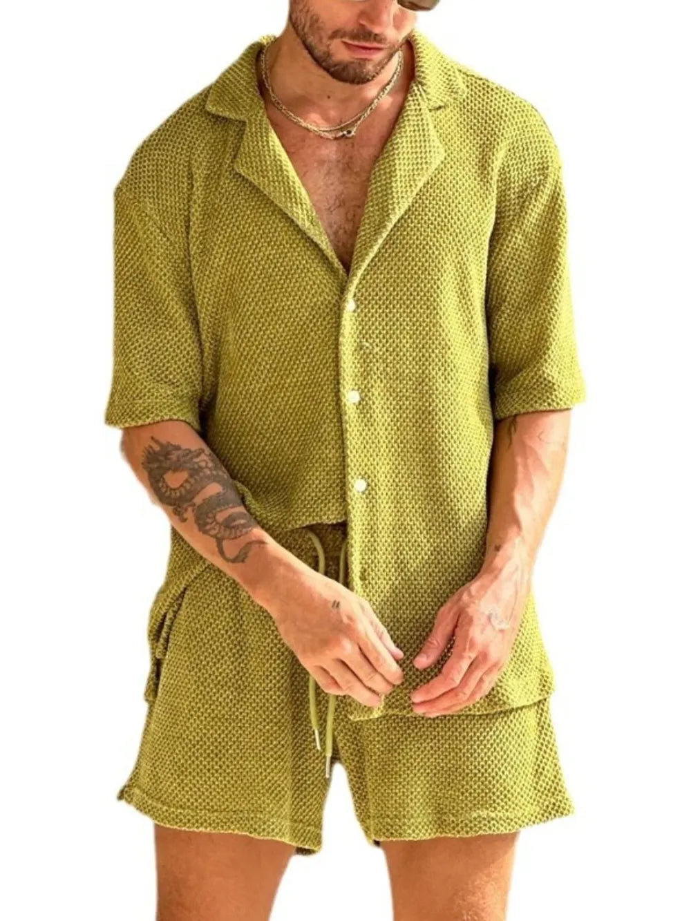 Ensemble Homme Plissé "Ibiza Vibe" – Bleu Marine / Moutarde / Noir