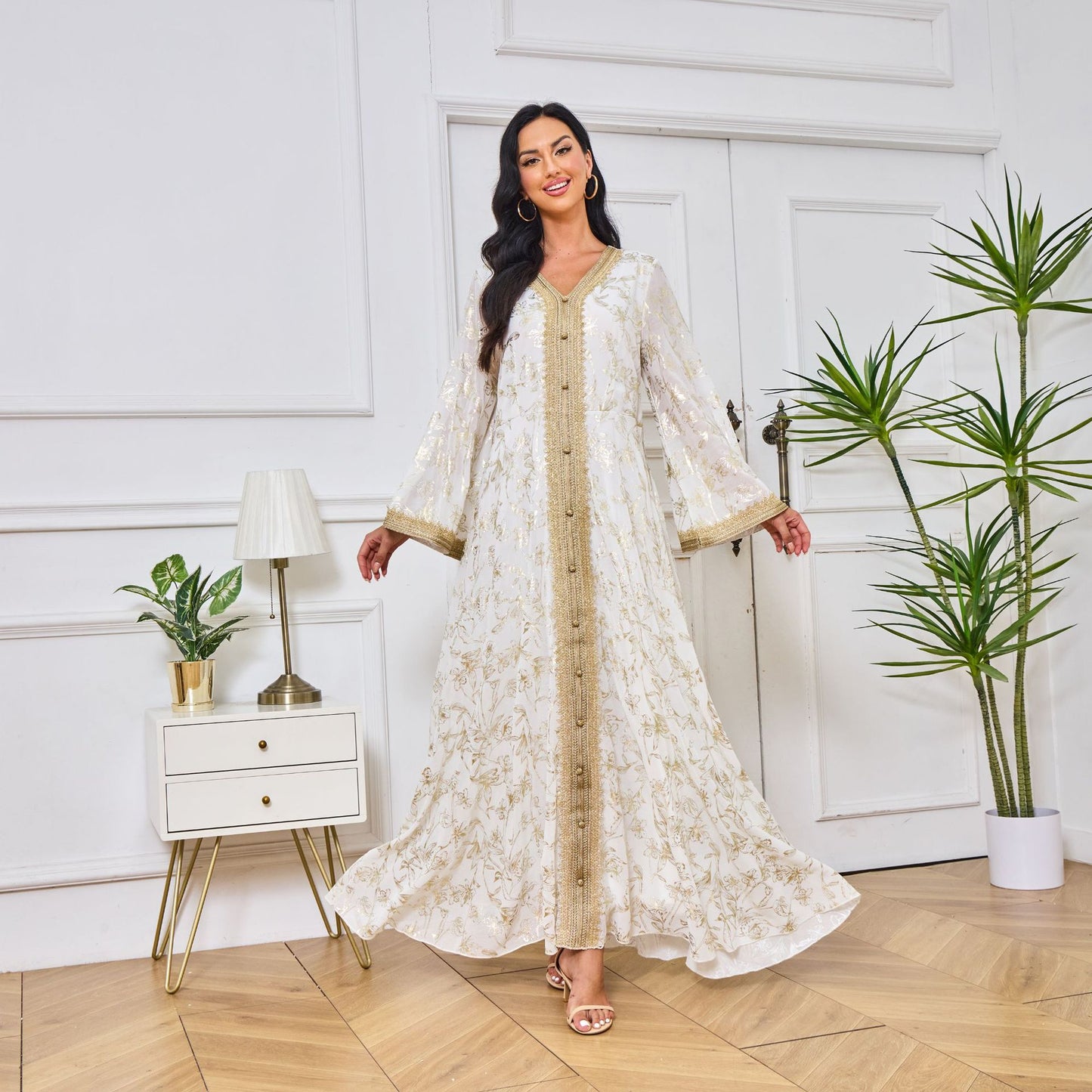 Robe Orientale Luxe Brocart Doré – Style Dubai Élégant avec Ceinture – 5 Couleurs