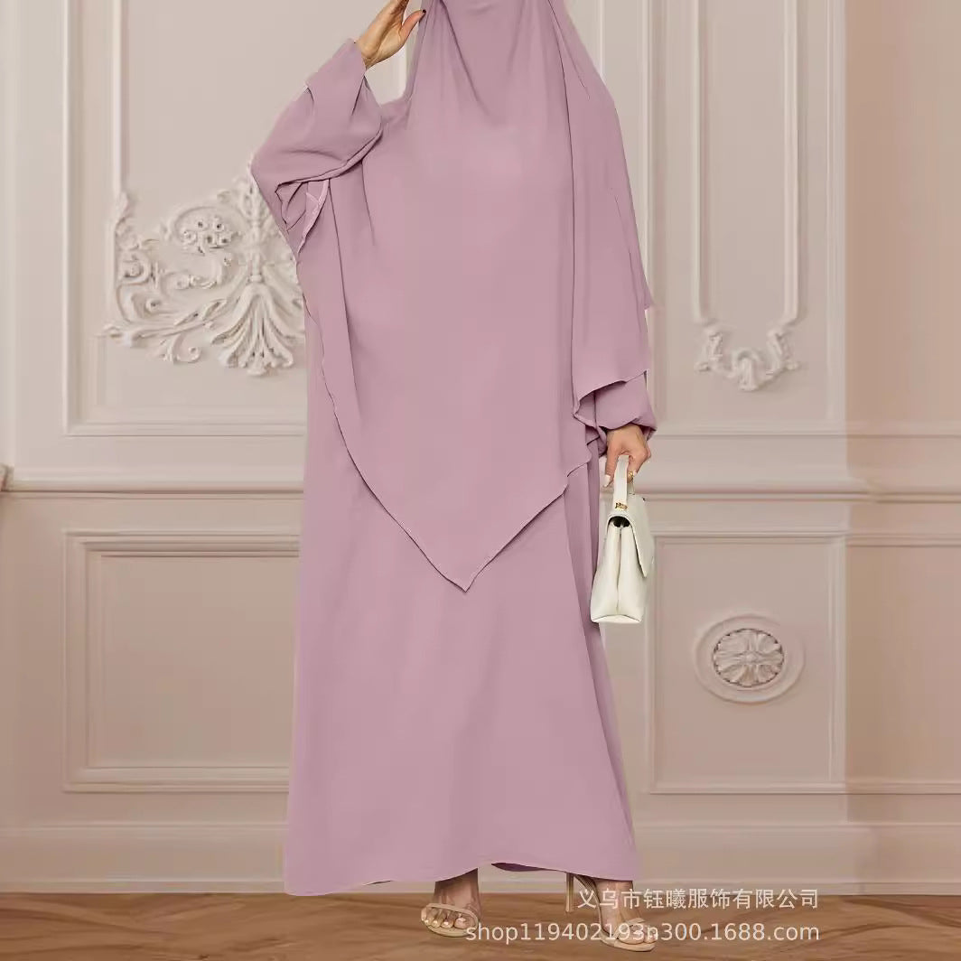 Jilbab 2 pièces fluide – Hijab long + robe ample | Rose poudré élégant