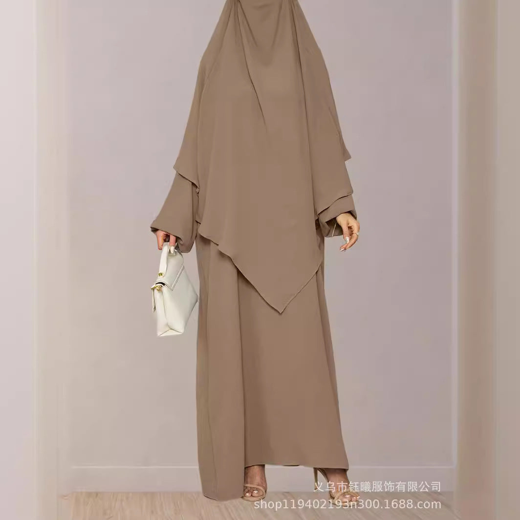 Jilbab 2 pièces fluide – Hijab long + robe ample | Rose poudré élégant