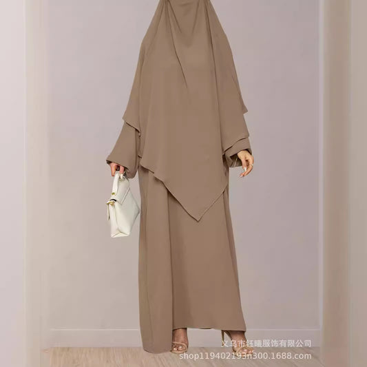 Jilbab 2 pièces fluide – Hijab long + robe ample | Rose poudré élégant