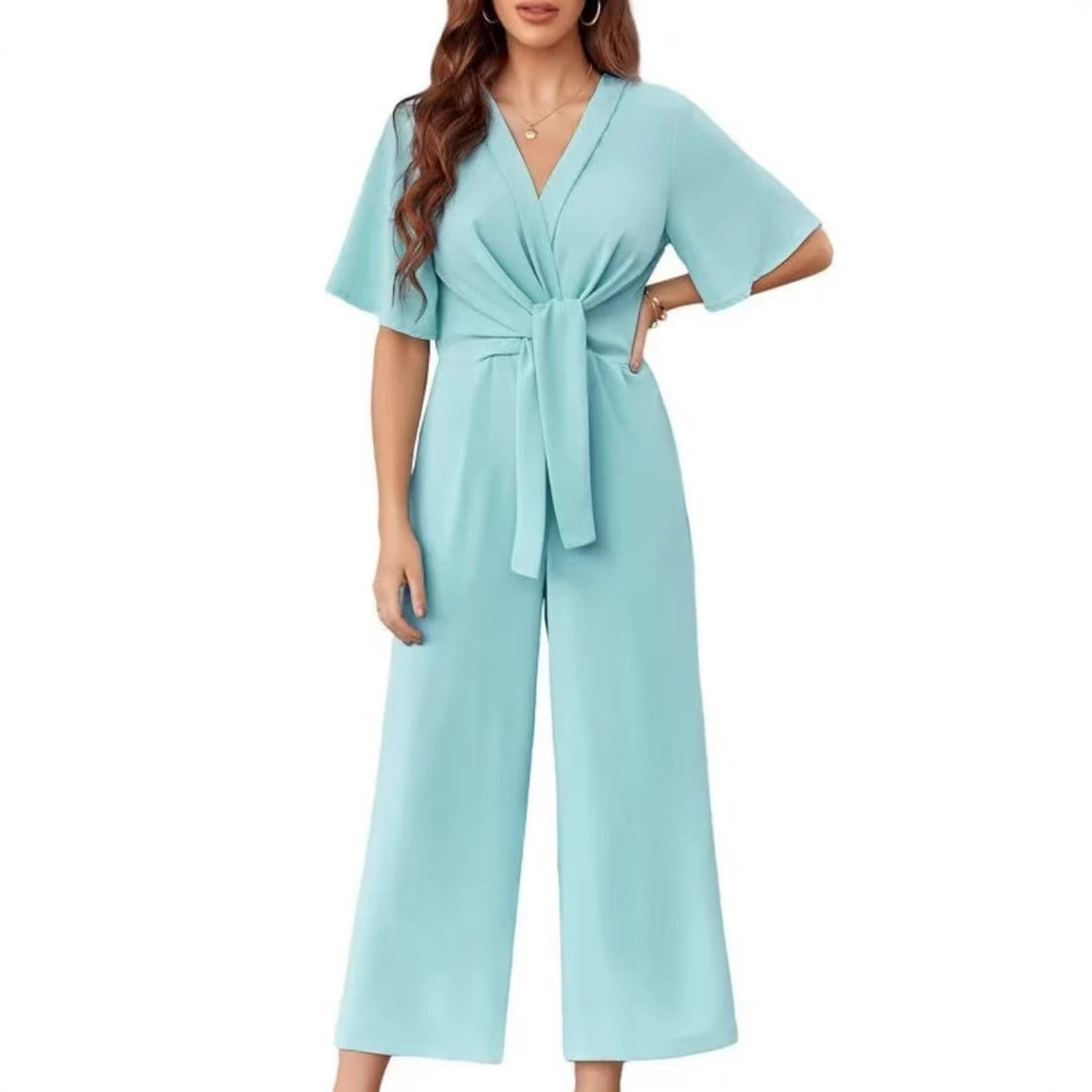 Solid Color And V-neck Minimalist Design Short-sleeved Jumpsuit