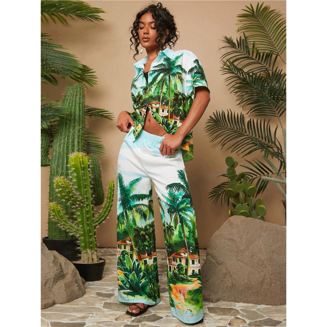 Ensemble Tropical Tendance Été - Chemise ample + Pantalon large imprimé Palmiers