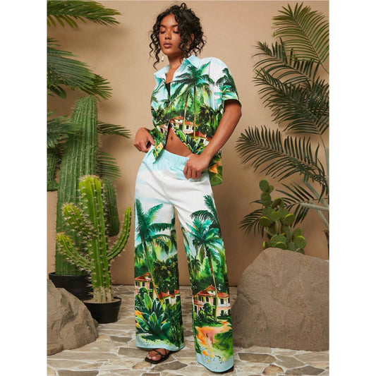 Ensemble Tropical Tendance Été - Chemise ample + Pantalon large imprimé Palmiers