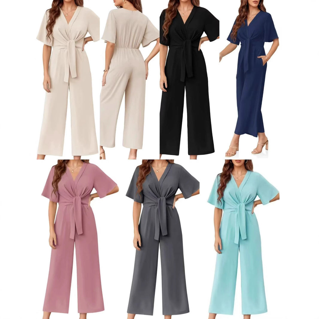 Solid Color And V-neck Minimalist Design Short-sleeved Jumpsuit
