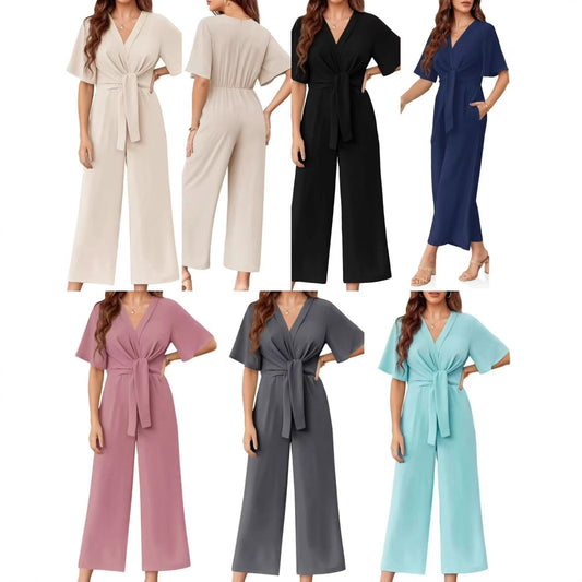 Solid Color And V-neck Minimalist Design Short-sleeved Jumpsuit