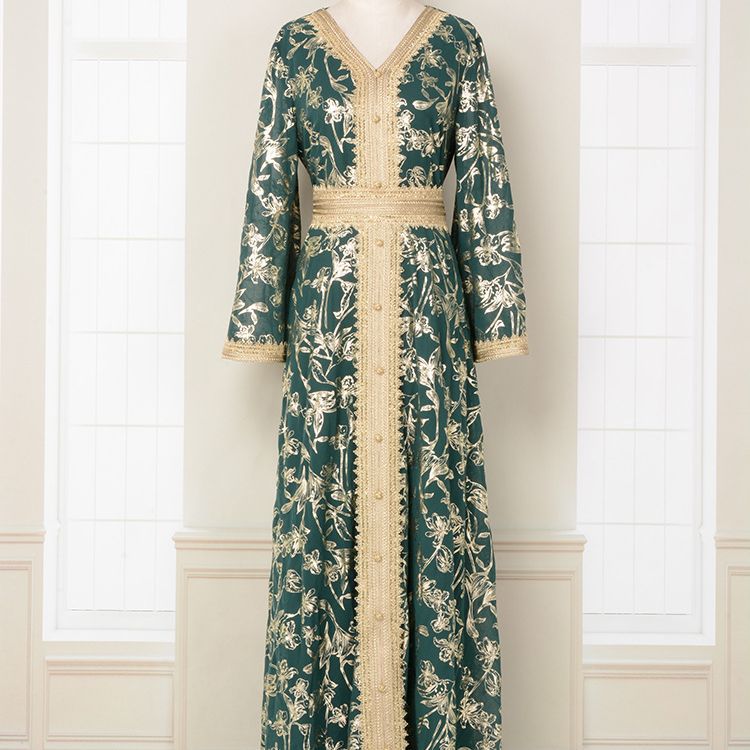 Robe Orientale Luxe Brocart Doré – Style Dubai Élégant avec Ceinture – 5 Couleurs