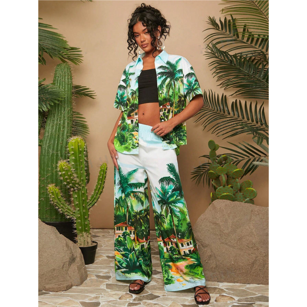 Ensemble Tropical Tendance Été - Chemise ample + Pantalon large imprimé Palmiers